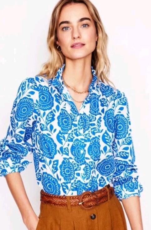 Boden Tops - Boden Felicity Cotton Blouse - White & Blue Floral Button-Up Ruffles Sz 6